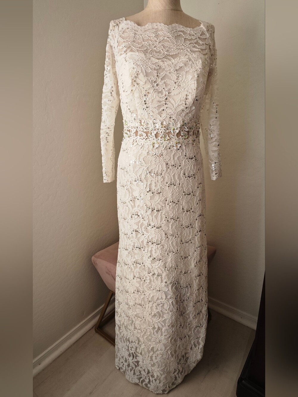 NWT Cindy Collection White Lace Sequin Wedding Dress Medium Modest Long Sleeve